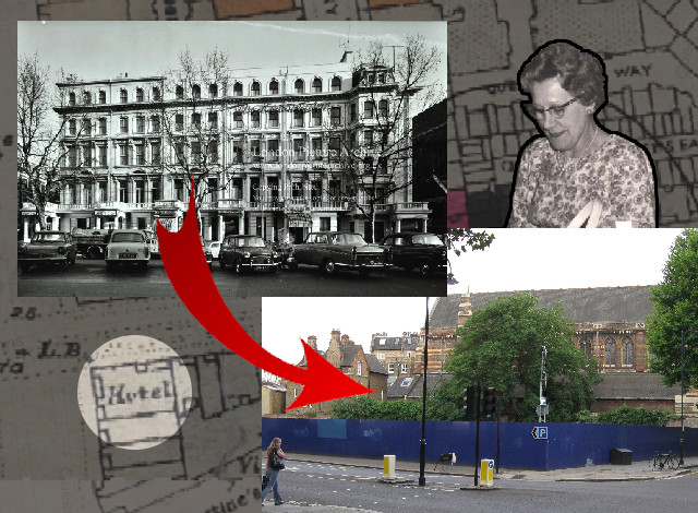 A montage image of other images from the article. A London bombing map is the background, with a photo of a hotel in the 1960s, and the space where the hotel used to be, taken in the late 2010s.