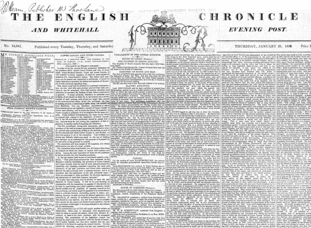 The front page of The English Chronicle, 25 January 1838