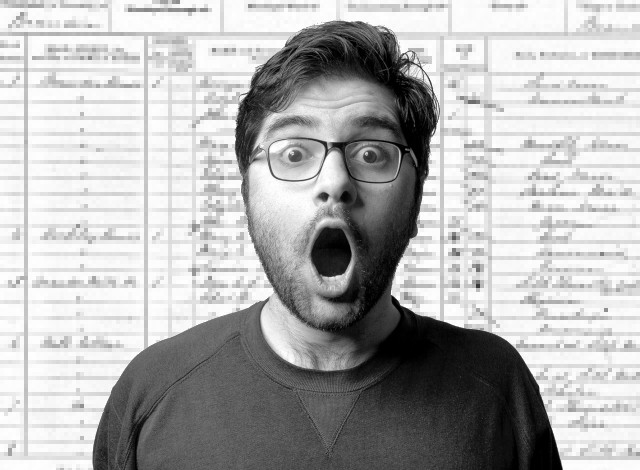 A surprised man in front of a pixelated 1871 census return.
