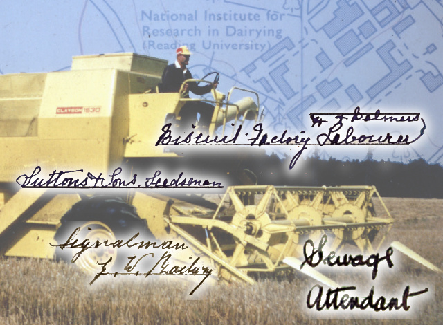 A composite image - the background is a farmer on a combine harvester, a map showing the National Institute for Research in Dairying, with handwritten job titles from census returns overlaid. They read: Biscuit factory labourer, H & Palmers; Suttons Seeds Seedsman; Signalman, G. W. Railway; Sewage attendant.