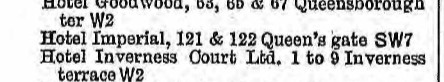 A screenshot of the 1938 Post Office directory. It reads: Hotel Imperial, 121 & 122 Queen's gate, SW7