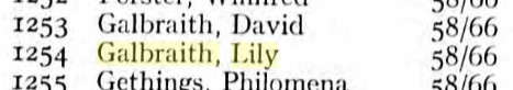 A screenshot of the 1954 Kensington electoral register. It shows two people by the names of David and Lily Galbraith.