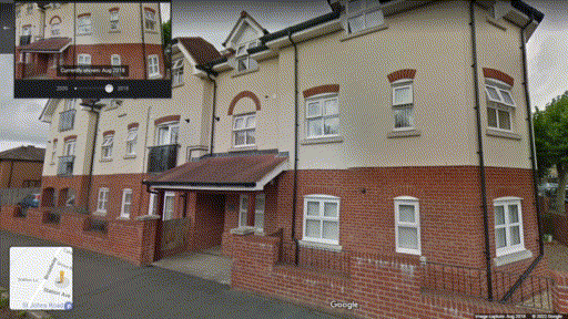 An animated gif cutting between two photos from StreetView - one from 2009 showing the Winchester Park Hotel and another from 2018 showing a new residential building.