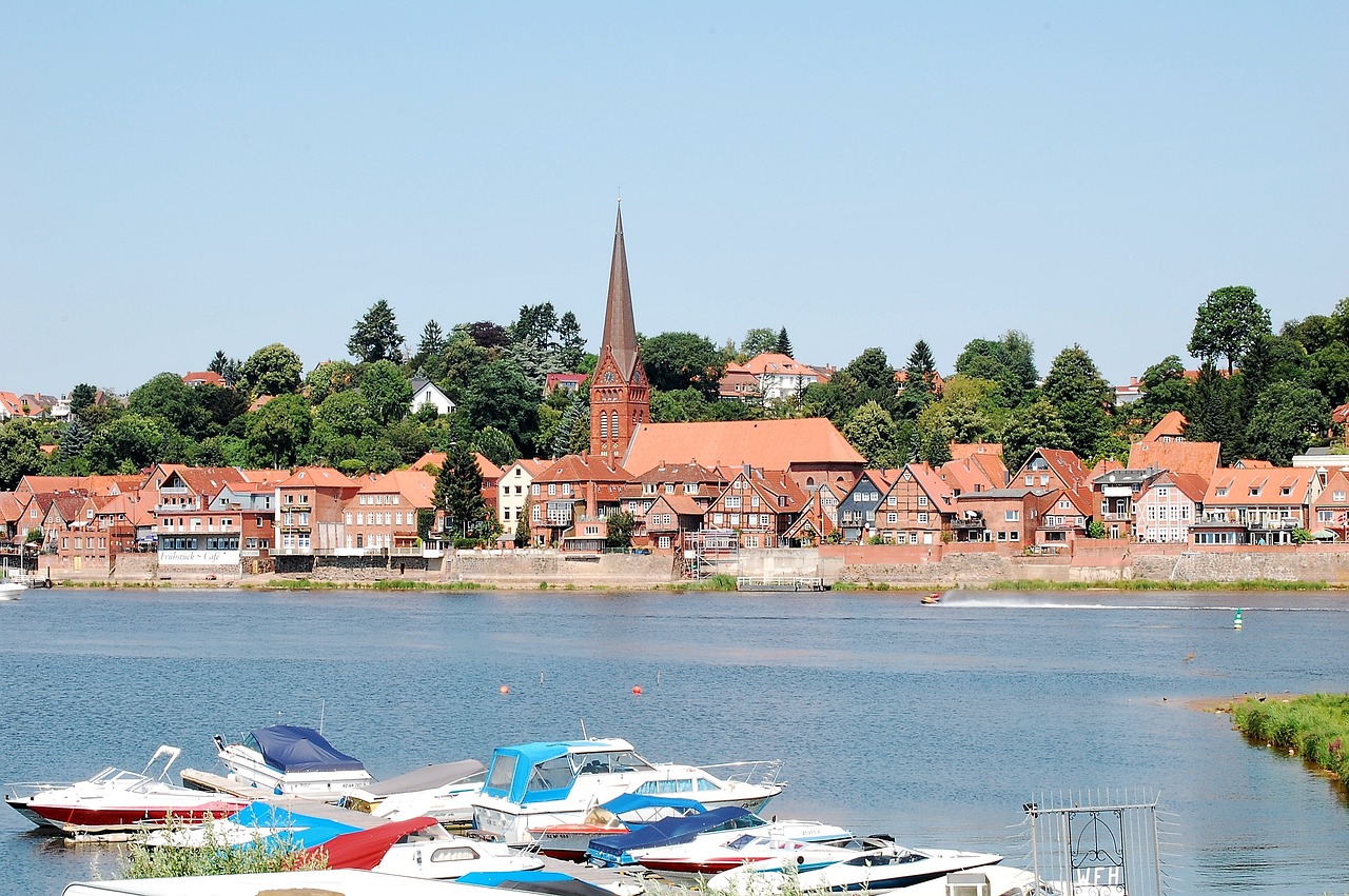 A view of Lauenburg from the south side of the Elbe river looking towards the main old town on the north side.