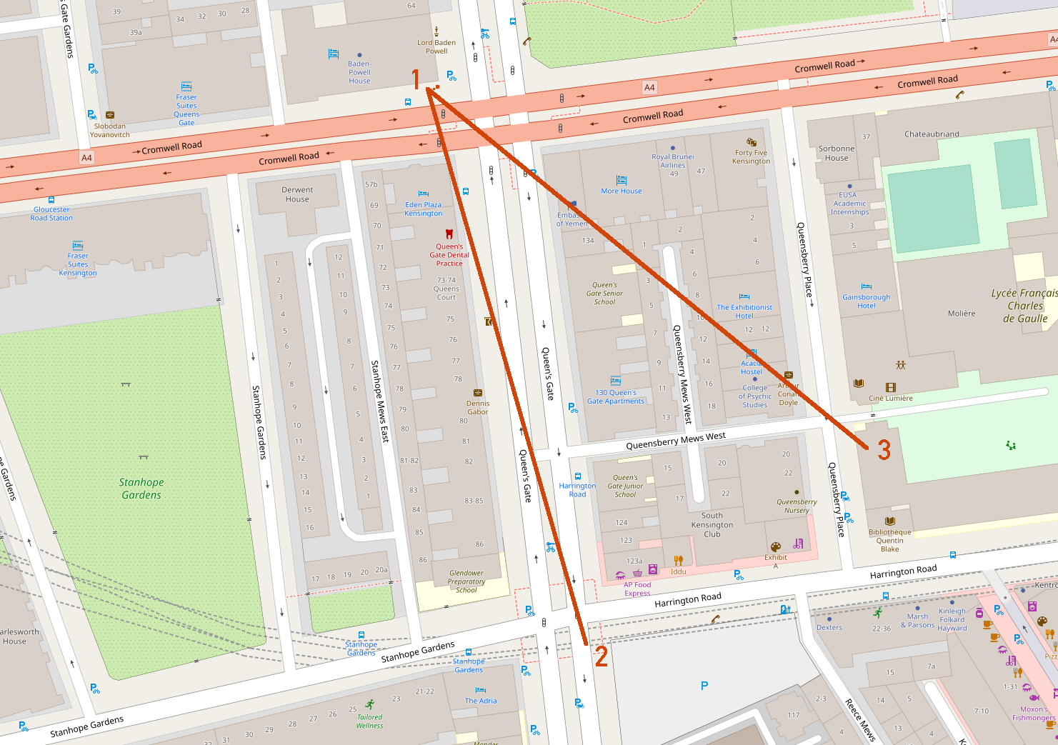 A map showing Baden Powell House to the north on the junction of Queen's Gate and Cromwell Road, labelled (1); 121 Queen's Gate on the junction with Harrington Road, labelled (2); and Institut Francais on Harrington Road, labelled (3). There's approximately 200m (220 yards) between Baden Powell House and 121 Queen's Gate, and a similar distance to Institut Francais.